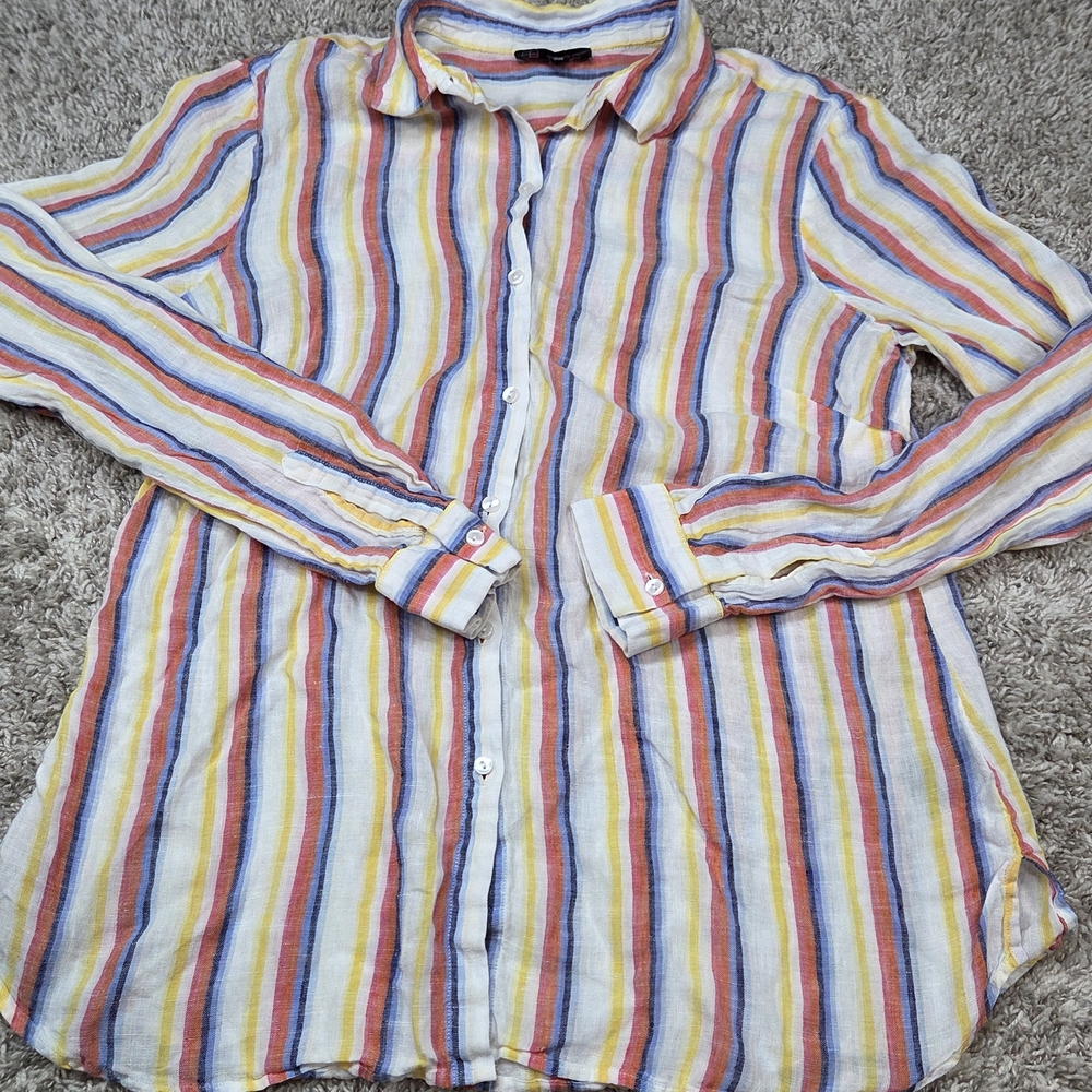 Carre Noir Women's Striped Button Down Shirt 100% Tencel Roll‎ Tab Sleeve Large